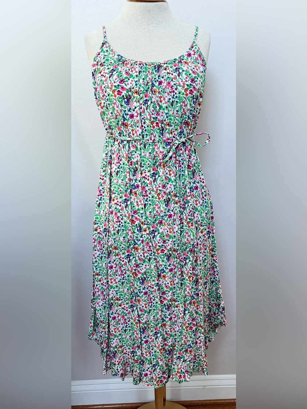 J.Crew Floral Midi Dress 10P Petite Colorful Sundress Tie Waist Viscose